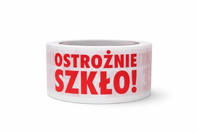 Biała taśma pakowa OSTROŻNIE SZKŁO 48 mm 66 m