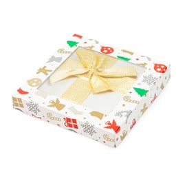 Pudełko świąteczne z oknem, wzór prezenty 150x150x25mm