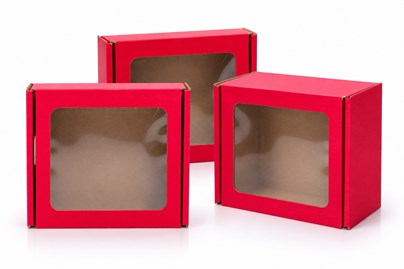 Czerwone pudełko ozdobne EKO z okienkiem 150x150x50mm, zestaw 50szt