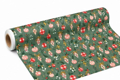 Rolka zielonego papieru do pakowania prezentów świątecznych 69 cm × 50 m z wielokolorowymi bombkami, gramatura 60 g/m²