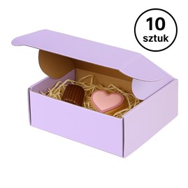 10 pudełek w rzędzie, fokus na krawędzie barwionej tektury i zatrzask klapy.