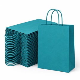 100 zielononiebieskich toreb papierowych 230 × 120 × 300 mm 90 g/m² z uchwytem skręcanym typu kraft