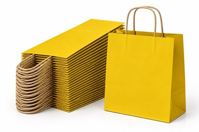 50 żółtych toreb prezentowych ECOBAG 305 × 170 × 340 mm o pojemności 17,5 litra, z papieru 100 gsm, z szerokim dnem klockowym i wygodnymi uchwytami sz