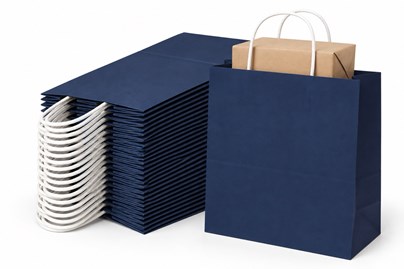 100 granatowych torebek papierowych prezentowych ECOBAG o wymiarach 305 × 170 × 340 mm i pojemności 17,5 l, z uchwytami ze sznurka papierowego oraz pr