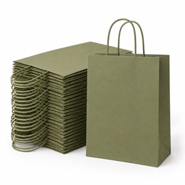 50 papierowych torebek khaki 230 × 120 × 300 mm z uchwytem skręcanym i dnem klockowym