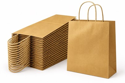 50 złotych torebek prezentowych o wymiarach 340 × 140 × 395 mm, wykonanych z papieru o gramaturze 100 g/m², ze skręcanymi uchwytami papierowymi typu