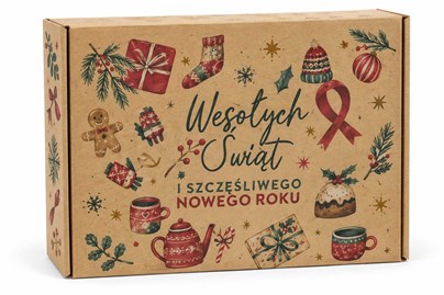 Pudełko świąteczne FEFCO 427 330 × 250 × 100 mm kolorowe ozdoby Wesołych Świąt i Szczęśliwego Nowego Roku
