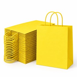 10 żółtych toreb papierowych kraft z papierowymi uchwytami skręcanymi i dnem klockowym, wymiary 230 × 120 × 300 mm, gramatura 90 g/m²