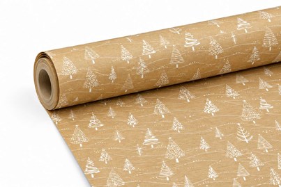 Świąteczny papier pakowy kraft z nadrukiem choinek w rolce o długości 50 metrów i szerokości 69 cm, gramatura papieru 60 g/m²