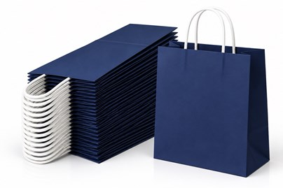 10 eleganckich granatowych toreb prezentowych ECOBAG 305 × 170 × 425 mm o pojemności 23 litrów, wykonanych z papieru 100 g/m², z szerokim dnem klockow