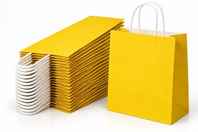 Zestaw 25 żółtych toreb papierowych ECOBAG o wymiarach 305 × 170 × 425 mm, pojemności 23 l, wykonanych z papieru 100 g/m², z dnem klockowym i uchwytam