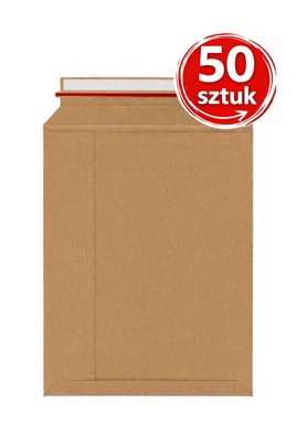 Sztywna koperta kartonowa B4 250×353 mm brązowa 500 g/m². Samoprzylepna ze zrywką. Pakiet 50 sztuk.