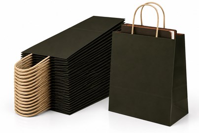 25 eleganckich czarnych toreb na prezent o wymiarach 305 × 170 × 425 mm i pojemności 23 litrów, wykonanych z papieru 100 g/m², z dnem klockowym i plec