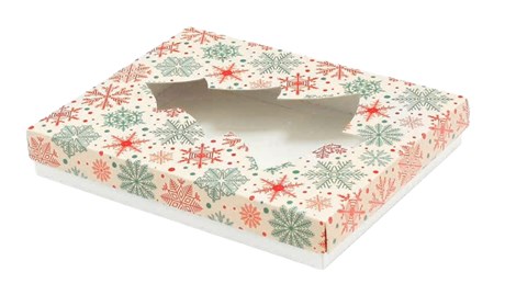 Pudełko ozdobne w śnieżki 195x155x30mm z oknem-choinką