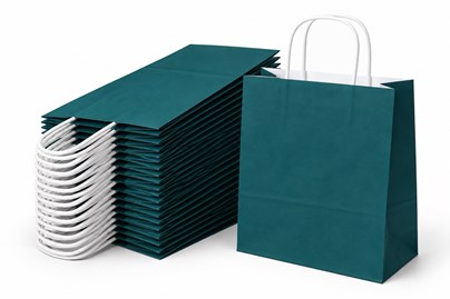 10 zielonych toreb prezentowych ECOBAG 305 × 170 × 340 mm o pojemności 17,5 litra, z papieru 100 gsm, z szerokim dnem klockowym i wygodnymi uchwytami