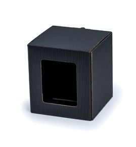 Czarne karbowane pudełko na kubek 105x105x112 mm z okienkiem do eleganckiego pakowania prezentów