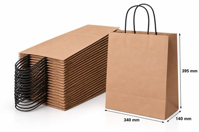 10 miedzianych torebek prezentowych o wymiarach 340 × 140 × 395 mm, wykonanych z papieru o gramaturze 100 g/m², ze skręcanymi uchwytami papierowymi ty