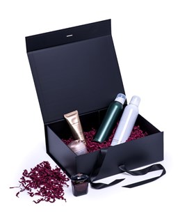 Czarne pudełko magnetyczne A4 330x255x115 mm z wstążką do zestawów premium.