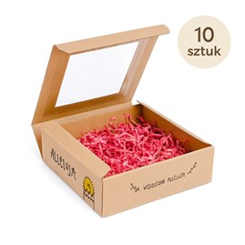 Zdjęcie 10 pudełek na jasnym tle z pisankami i gałązkami w tle.