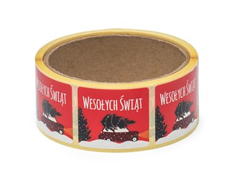 Naklejki świąteczne czerwone 35x40mm, Auto z choinką, 200szt