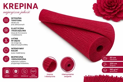 Krepina Włoska 180g Czerwona Ciemna 50×250 cm Profesjonalna Bibuła Dekoracyjna