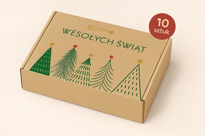 pudełko świąteczne, karton choinki zielone, pudełko fasonowe, zestaw 10 sztuk, karton prezentowy