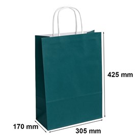 100 zielonych toreb prezentowych ECOBAG 305 × 170 × 425 mm o pojemności 23 litrów, wykonanych z papieru 100 g/m², z szerokim dnem klockowym i papierow