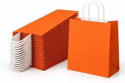 50 pomarańczowych toreb prezentowych ECOBAG 305 × 170 × 425 mm o pojemności 23 litrów, wykonanych z papieru 100 g/m², z szerokim dnem klockowym i papi