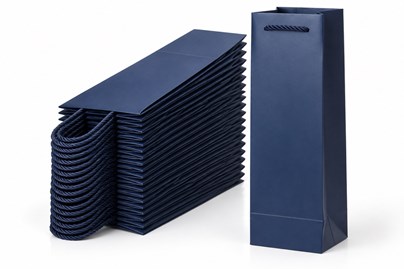 100 eleganckich granatowych toreb prezentowych na pojedynczą butelkę wina lub szampana, format 115 × 90 × 355 mm, papier kartonowy 210 g/m², matowe wy