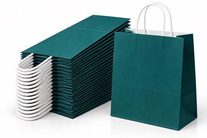 25 zielonych toreb prezentowych ECOBAG 305 × 170 × 425 mm o pojemności 23 litrów, wykonanych z papieru 100 g/m², z szerokim dnem klockowym i papierowy