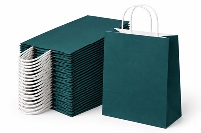 100 zielonych torebek papierowych prezentowych A4 o wymiarach 240 × 100 × 320 mm i pojemności 7,5 l, z papierowymi uchwytami sznurkowymi i dnem klocko