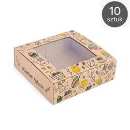 10 pudełek ustawionych w rzędzie z widocznym okienkiem, w tle koszyczek z pisankami.