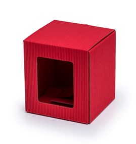 Czerwone karbowane pudełko na kubek 105x105x112 mm z okienkiem do eleganckiego pakowania prezentów