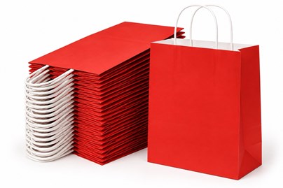 50 czerwonych torebek papierowych prezentowych ECOBAG o wymiarach 305 × 170 × 340 mm i pojemności 17,5 l, z uchwytami ze sznurka papierowego, dnem klo