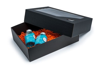 Pudełka karbowane czarne 400x310x120mm wieczko z oknem 10szt