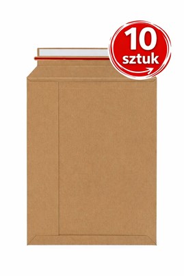 Sztywna koperta kartonowa B4 250×353 mm brązowa. 500 g/m², samoprzylepna ze zrywką. Zestaw 10 sztuk do wysyłki dokumentów.