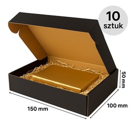 10 pudełek w rzędzie, jedno otwarte z przykładową zawartością.