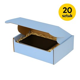widok z góry na 20 pudełek w równych rzędach, jedno w trakcie zamykania.