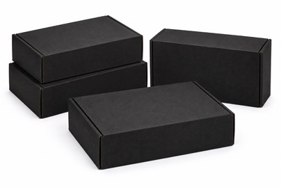 10 czarnych pudełek kartonowych wykrojnikowych 330 × 250 × 100 mm z tektury falistej typu E o gramaturze 350 g/m²