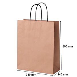 10 miedzianych torebek prezentowych o wymiarach 340 × 140 × 395 mm, wykonanych z papieru o gramaturze 100 g/m², ze skręcanymi uchwytami papierowymi ty