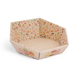 Zdjęcie 100 tacek ułożonych w stosy, pastelowy nadruk widoczny z góry.