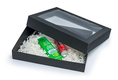 Pudełko prezentowe karbowane czarne 450x350x70mm z oknem