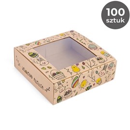 Duża ekspozycja 100 pudełek ułożonych warstwowo, z dekoracjami wielkanocnymi w tle.